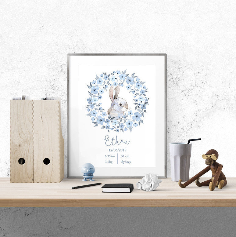 Personalised Baby Name - Blue Bunny - Print - One Tiny Tribe - 1